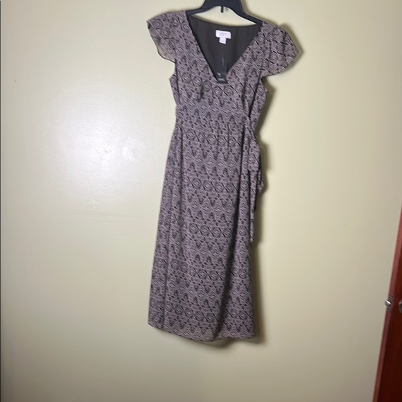 Ann Taylor LOFT brown and beige Wrap Midi Dress with Flutter Sleeves - Picture 1 of 6